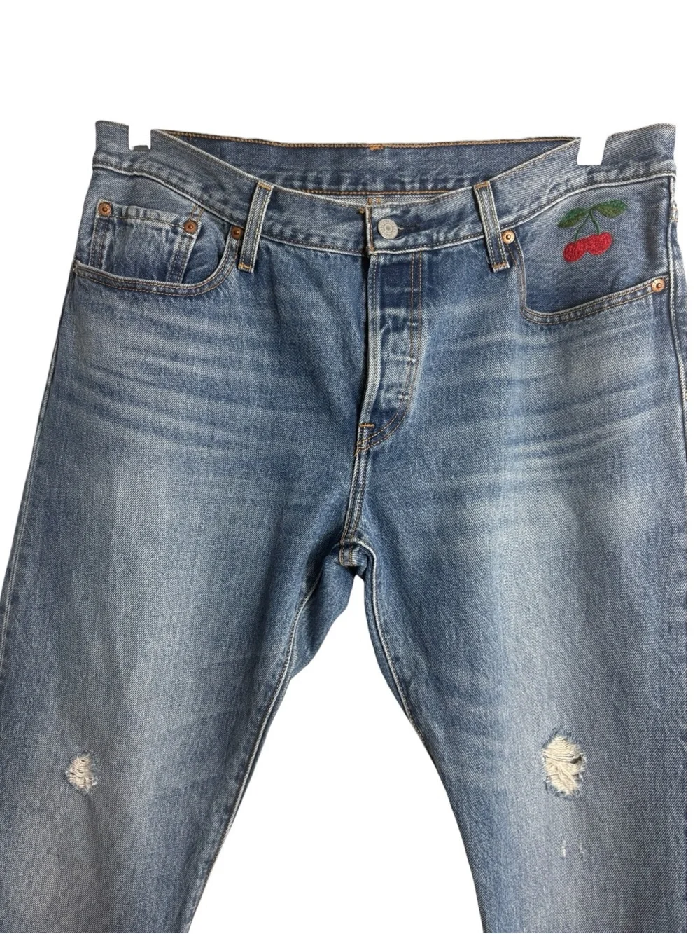 LEVI'S 501 High-Rise Distressed Straight-Leg Jeans Size 10 -- EMBROIDERED CHERRY